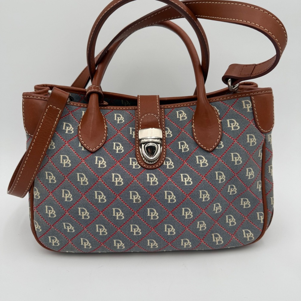 Dooney & Bourke Monogram Denim Satchel Handbag Blue Red Diamond Stitch Leather